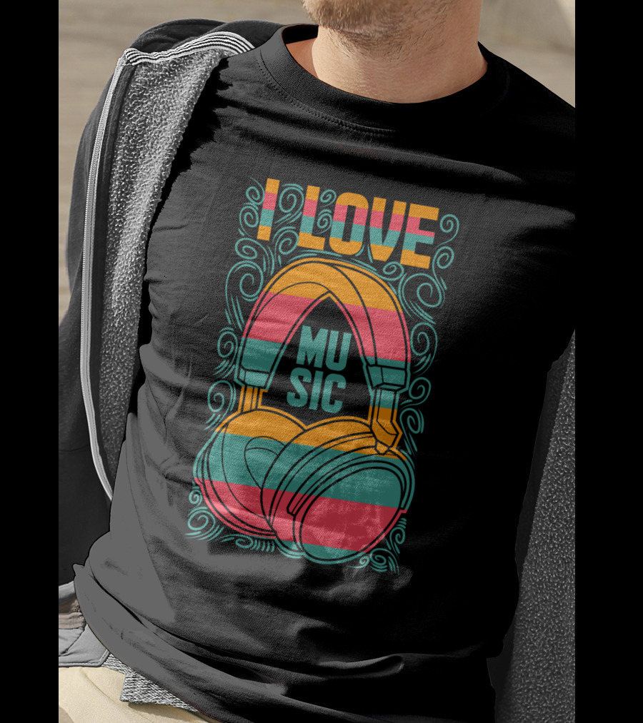 I Love Music Vibrant Headphones Pattern With Swirling Design Elements T-Shirt