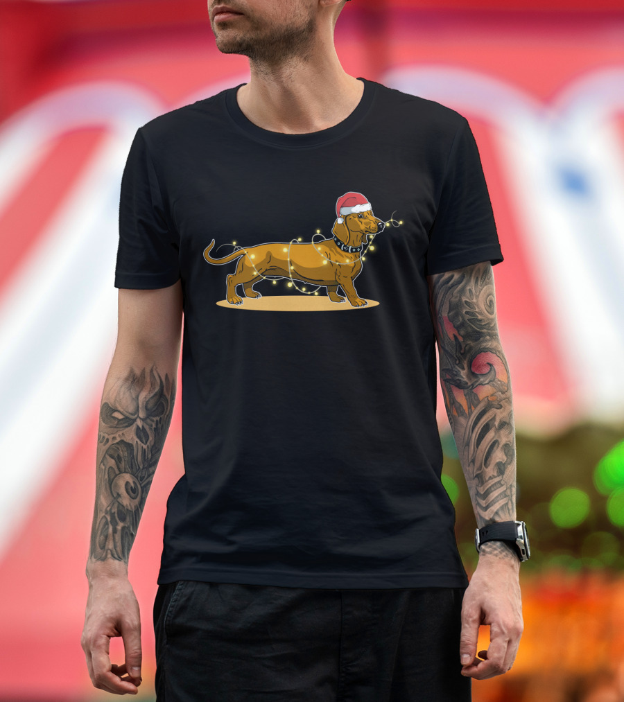 Dachshund Wrapped in Christmas Lights Wearing Santa Hat T-Shirt