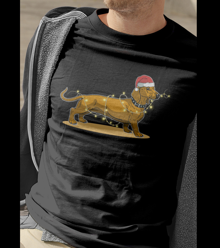 Dachshund Wrapped In Christmas Lights Wearing Santa Hat T-Shirt