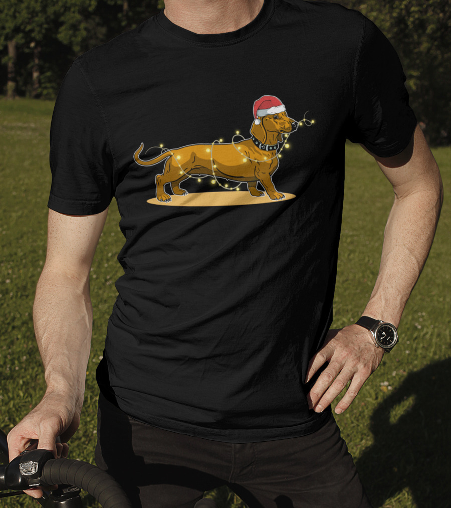 Dachshund Wrapped In Christmas Lights Wearing Santa Hat T-Shirt