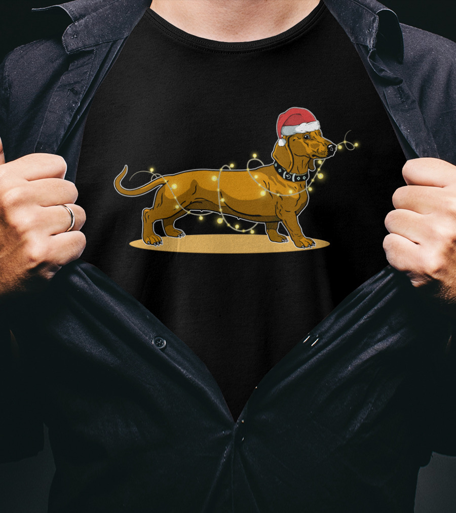 Dachshund Wrapped In Christmas Lights Wearing Santa Hat T-Shirt