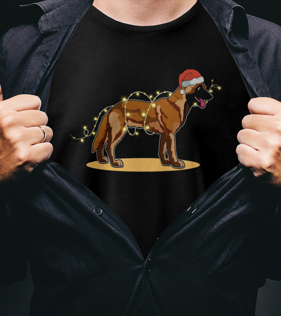 Belgian Malinois Wrapped In Christmas Lights With Santa Hat T-Shirt