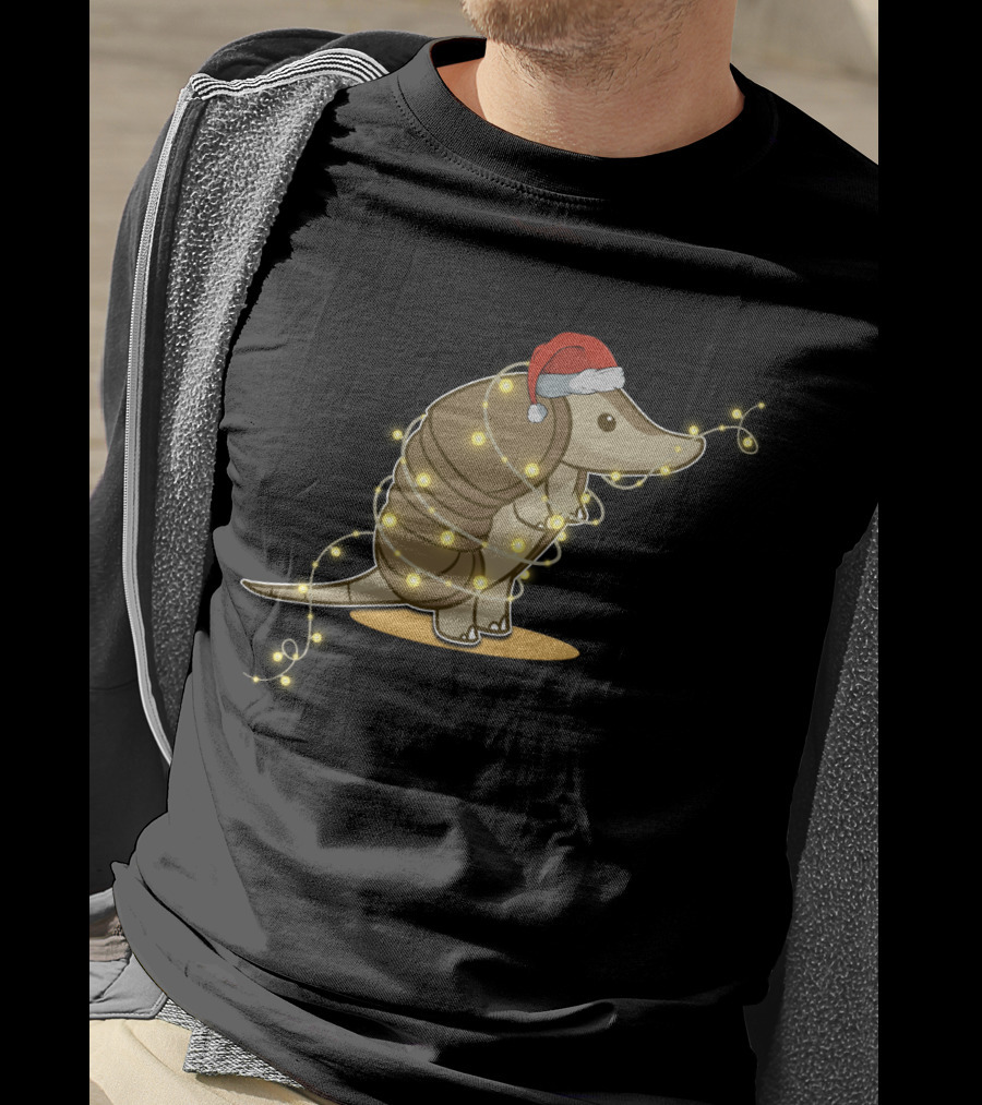 Santa Hat Armadillo Wrapped In Holiday String Lights T-Shirt