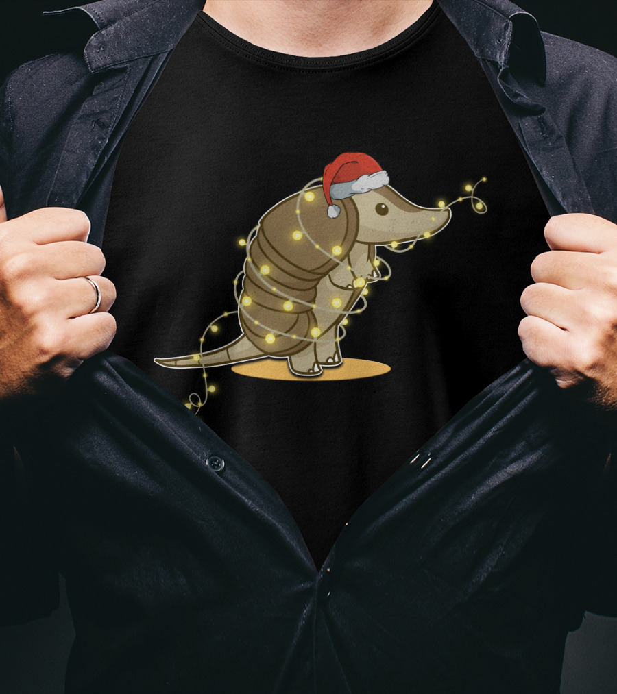 Santa Hat Armadillo Wrapped In Holiday String Lights T-Shirt