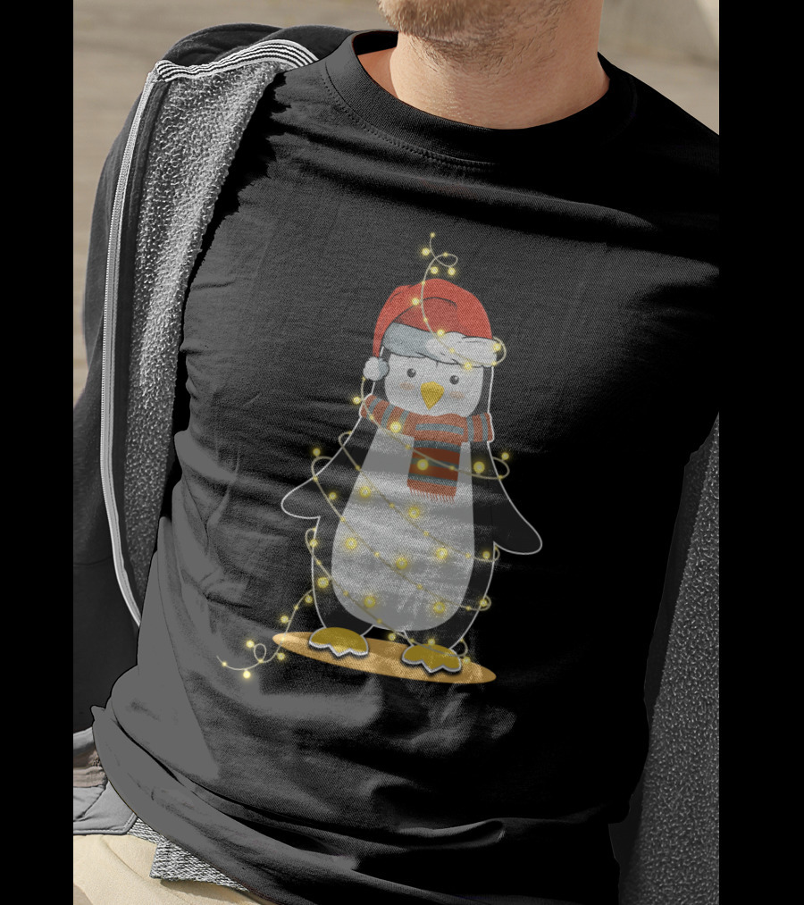 Penguin Wrapped In Christmas Lights With Santa Hat And Scarf T-Shirt