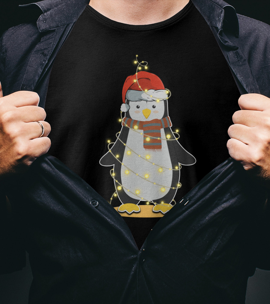 Penguin Wrapped In Christmas Lights With Santa Hat And Scarf T-Shirt