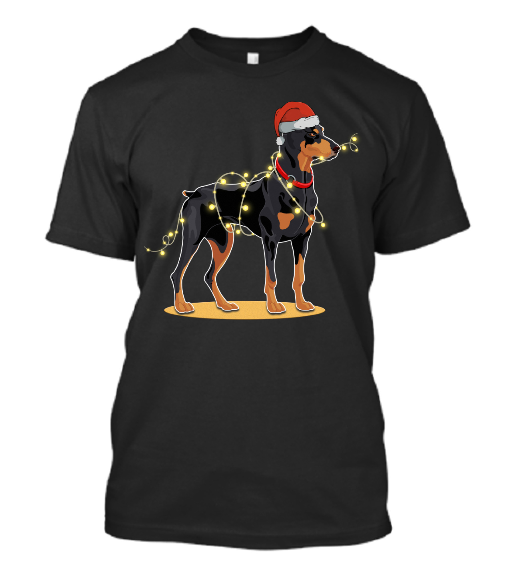 Doberman Wearing Santa Hat With Christmas Lights T-Shirt