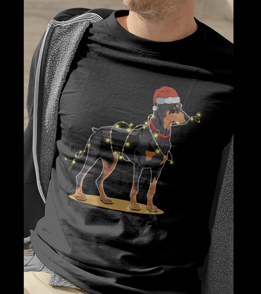 Doberman Wearing Santa Hat With Christmas Lights T-Shirt