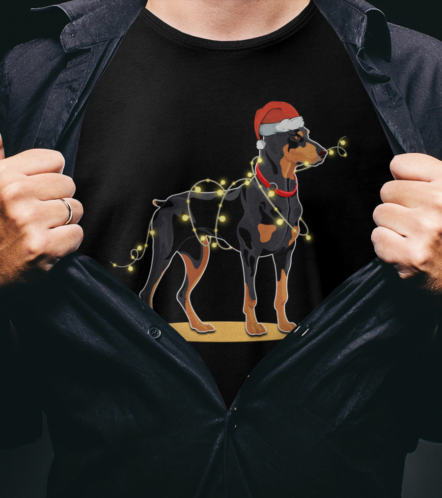 Doberman Wearing Santa Hat With Christmas Lights T-Shirt