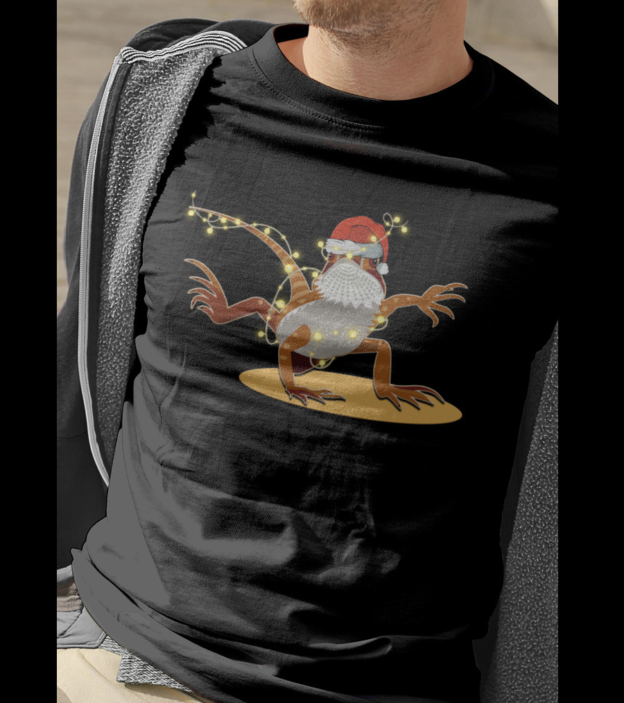 Santa Hat Bearded Dragon Wrapped In Christmas Lights T-Shirt