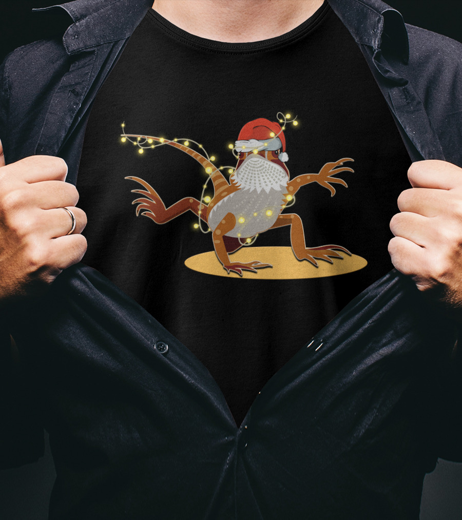 Santa Hat Bearded Dragon Wrapped In Christmas Lights T-Shirt