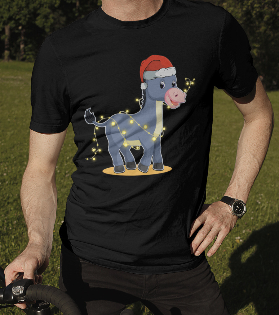 Christmas Lights Donkey With Santa Hat Holiday T-Shirt