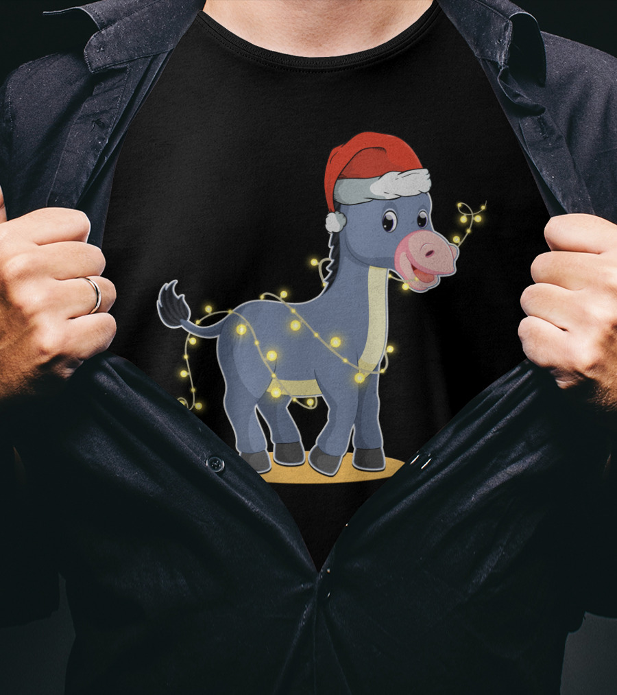 Christmas Lights Donkey With Santa Hat Holiday T-Shirt