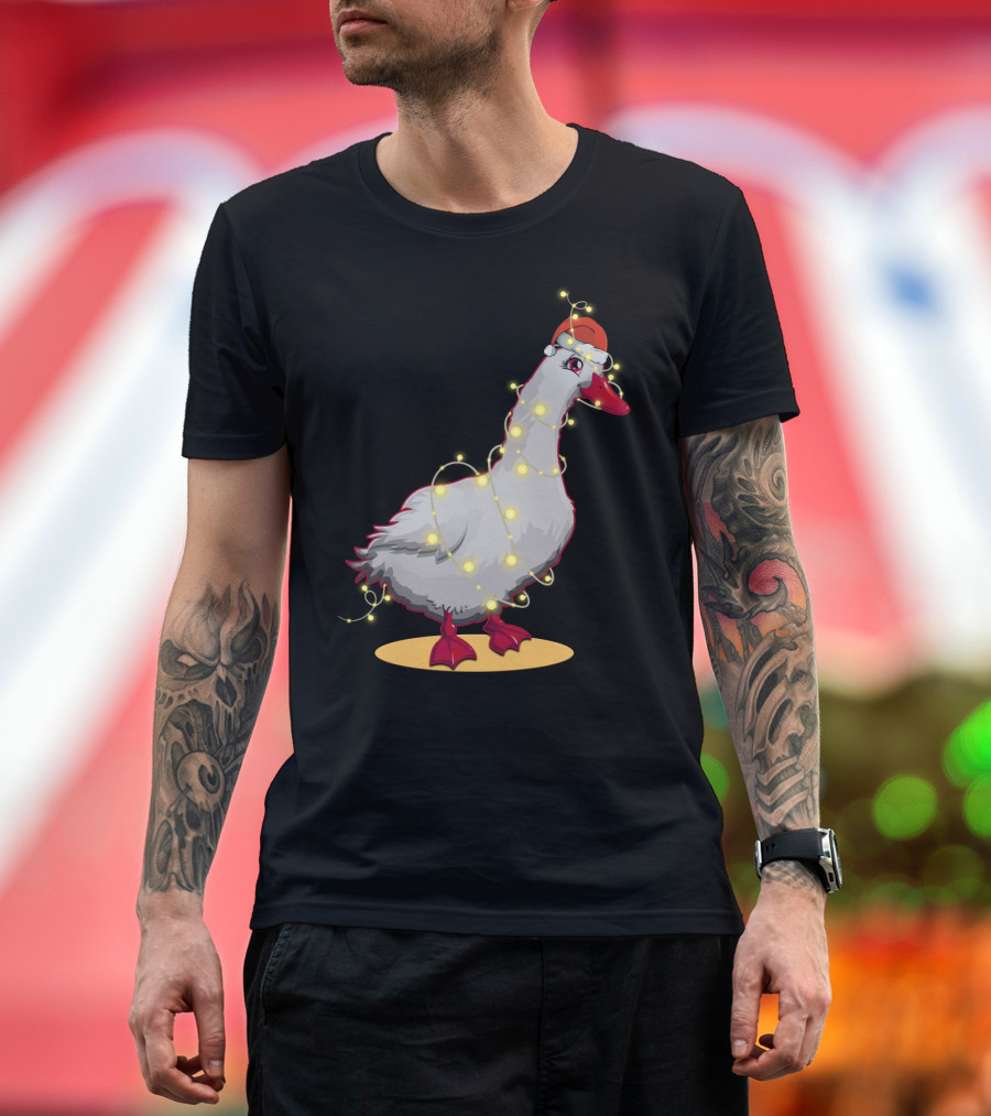 Christmas Lights Duck Wrapped in Festive String with Santa Hat T-Shirt