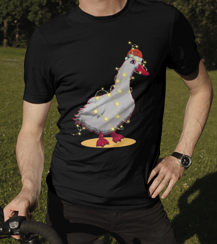 Christmas Lights Duck Wrapped In Festive String With Santa Hat T-Shirt