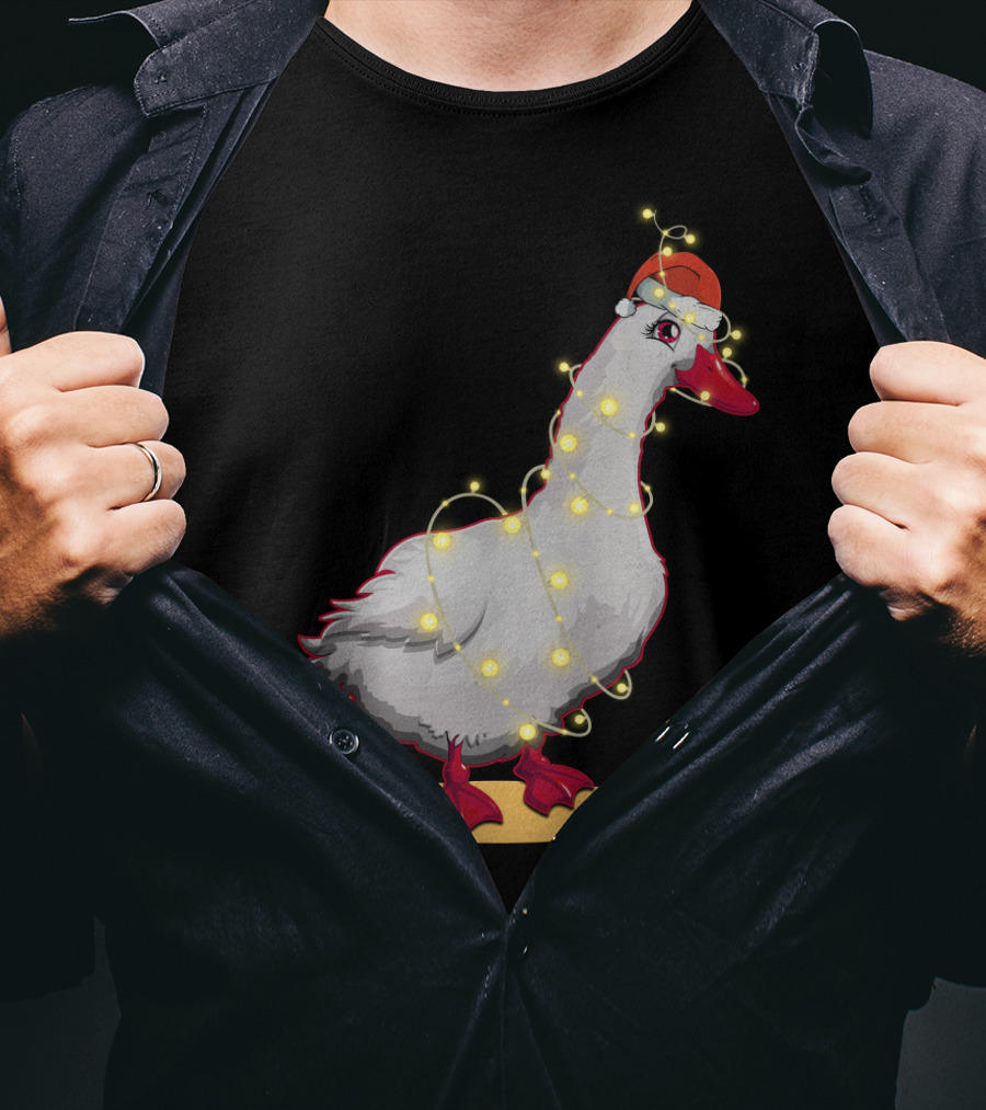 Christmas Lights Duck Wrapped In Festive String With Santa Hat T-Shirt