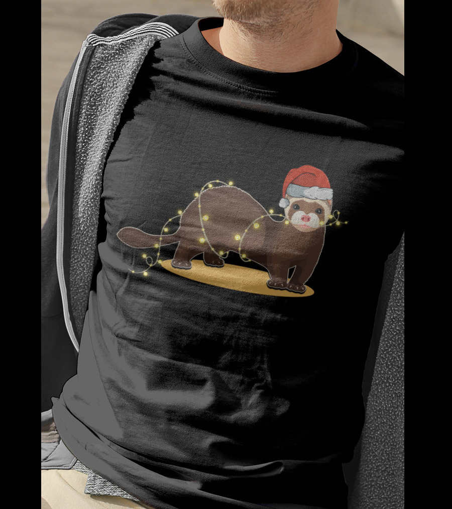 Christmas Lights Wrapped Ferret Wearing Santa Hat T-Shirt