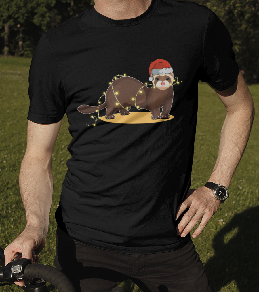 Christmas Lights Wrapped Ferret Wearing Santa Hat T-Shirt