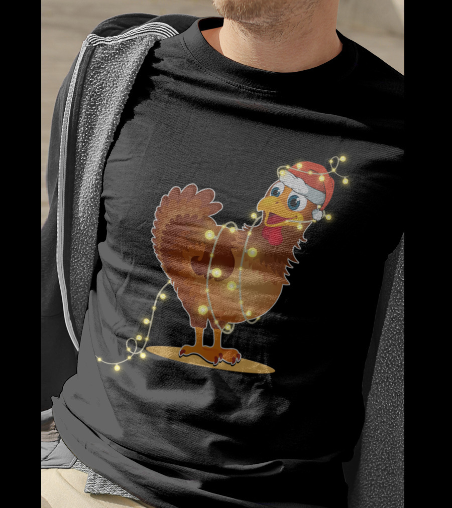Santa Hat Chicken Wrapped In Christmas String Lights T-Shirt
