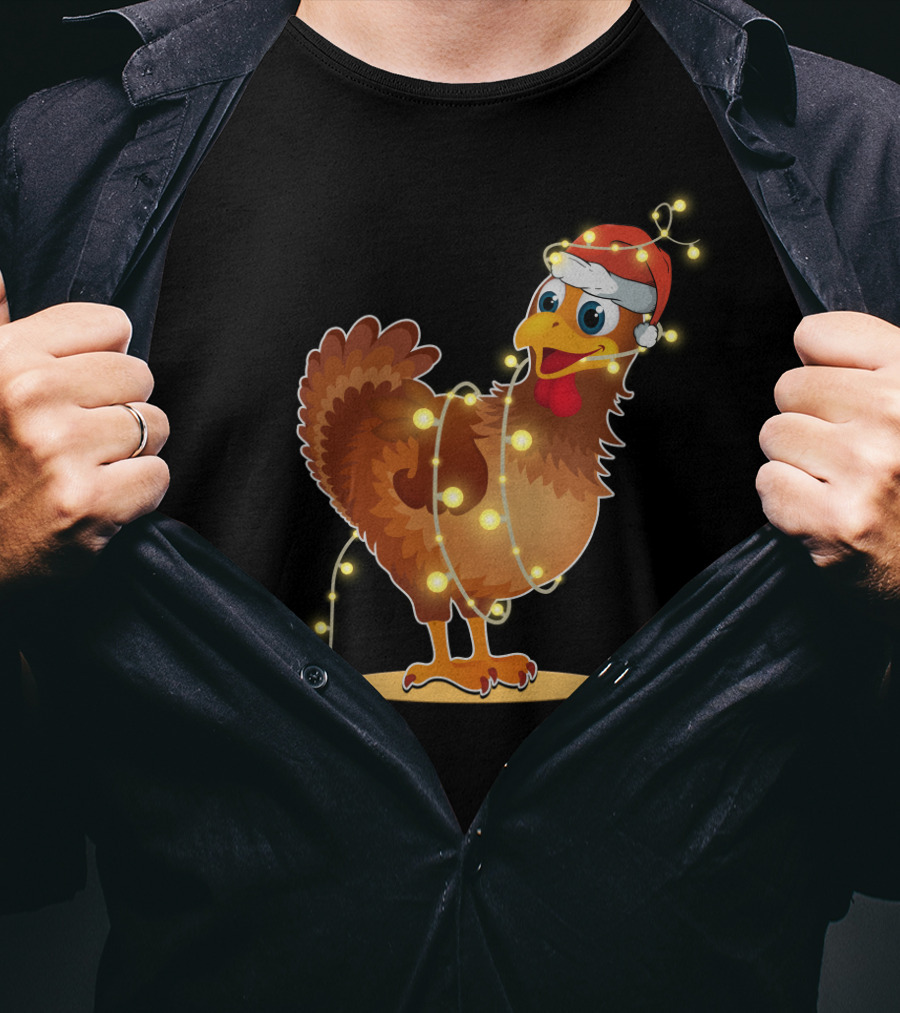 Santa Hat Chicken Wrapped In Christmas String Lights T-Shirt