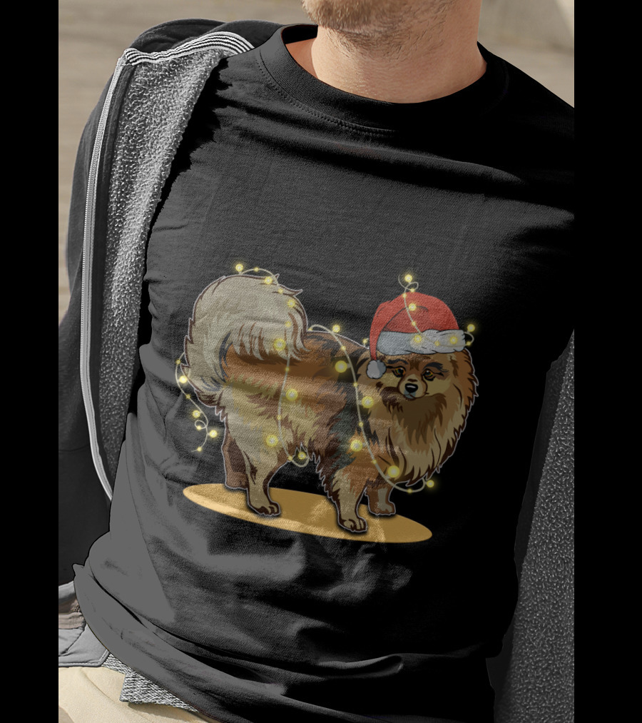 Pomeranian Wrapped In Christmas Lights Wearing Santa Hat T-Shirt