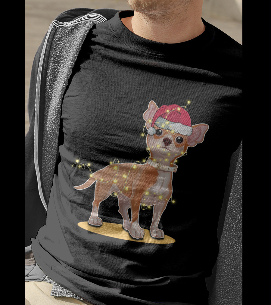 Chihuahua Wrapped In Festive Christmas Lights Wearing Santa Hat T-Shirt