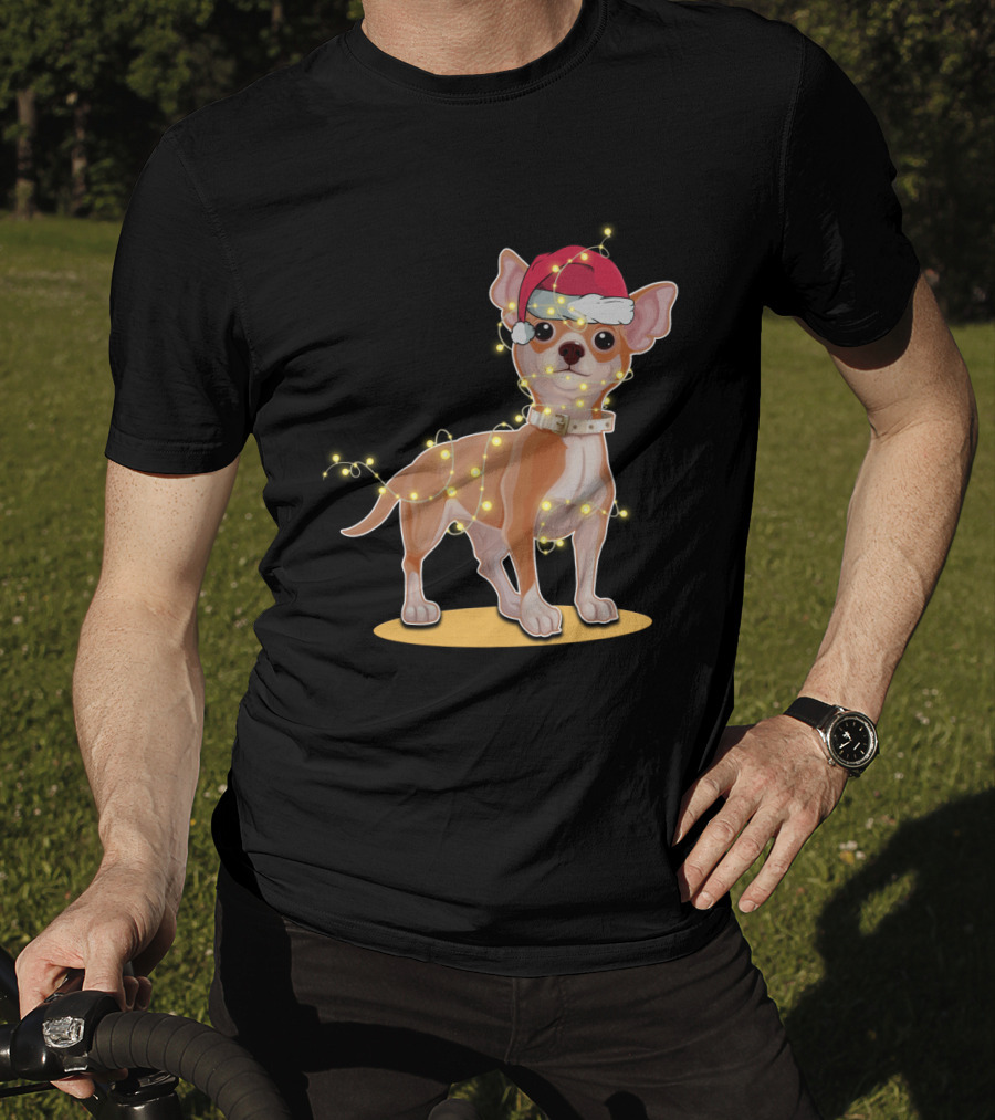 Chihuahua Wrapped In Festive Christmas Lights Wearing Santa Hat T-Shirt