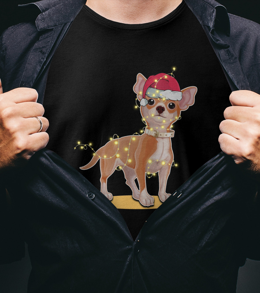 Chihuahua Wrapped In Festive Christmas Lights Wearing Santa Hat T-Shirt