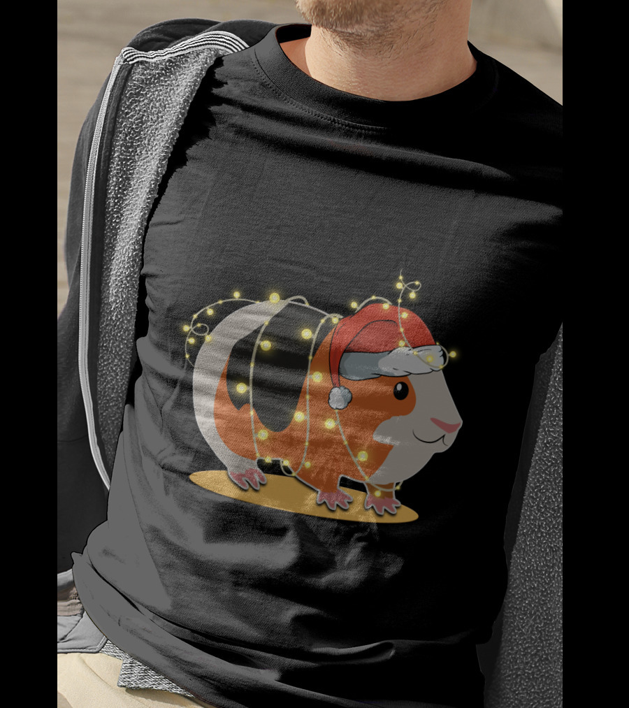Guinea Pig Wrapped In Festive Christmas Lights And Santa Hat T-Shirt