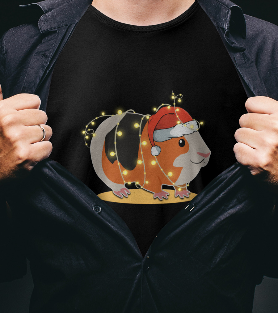 Guinea Pig Wrapped In Festive Christmas Lights And Santa Hat T-Shirt