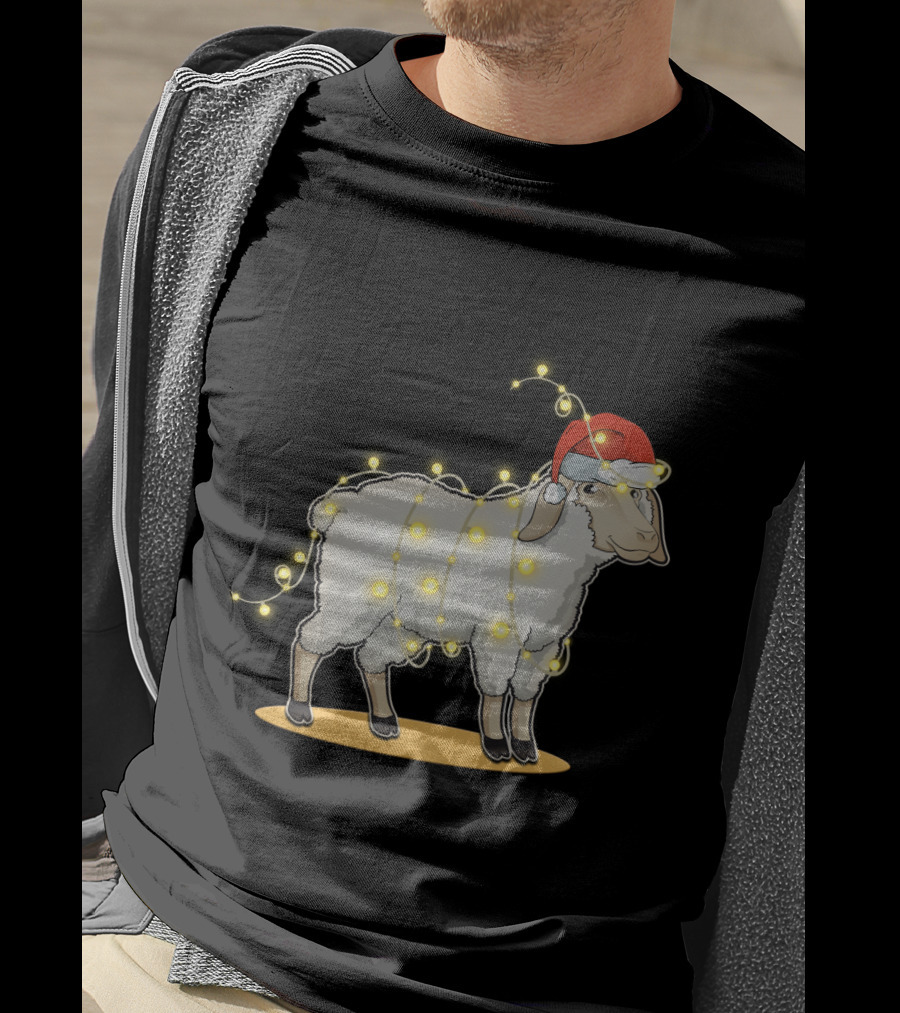 Sheep Wrapped In Christmas Lights With Santa Hat Holiday Decor T-Shirt