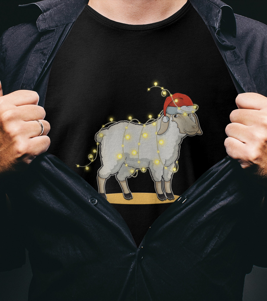 Sheep Wrapped In Christmas Lights With Santa Hat Holiday Decor T-Shirt