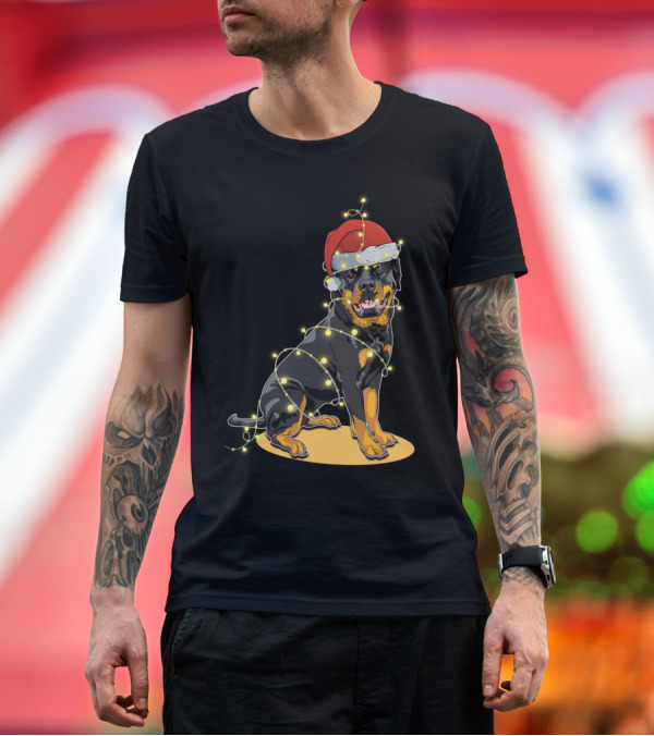 Premium T-Shirt: Rottweiler Wrapped in Christmas Lights with Santa Hat T-Shirt Rottweiler Wrapped in Christmas Lights with Santa Hat T-Shirt