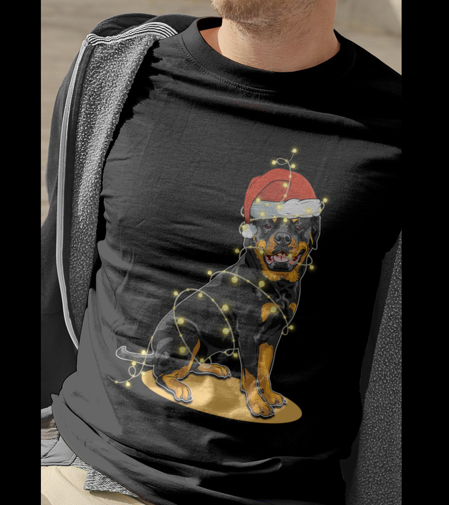 Rottweiler Wrapped In Christmas Lights With Santa Hat T-Shirt
