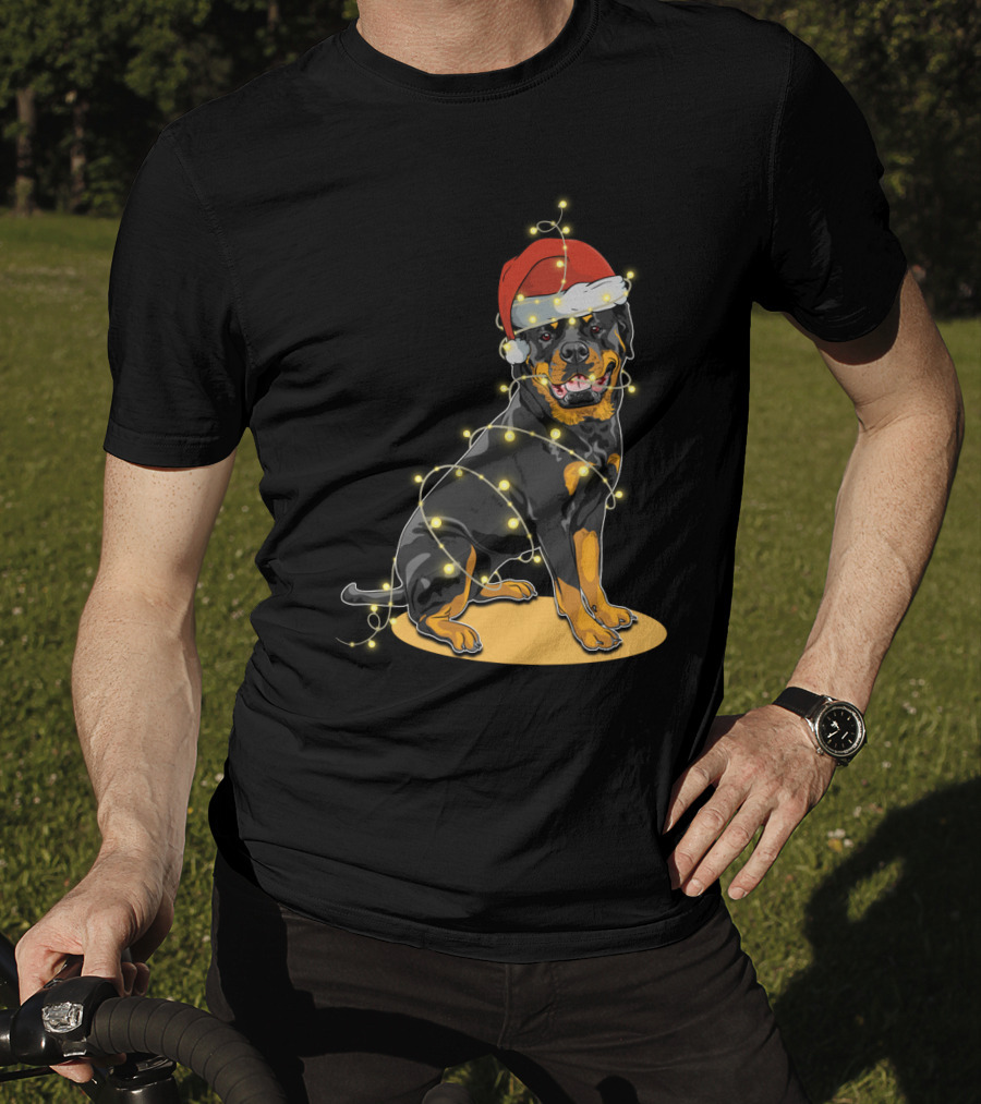 Rottweiler Wrapped In Christmas Lights With Santa Hat T-Shirt