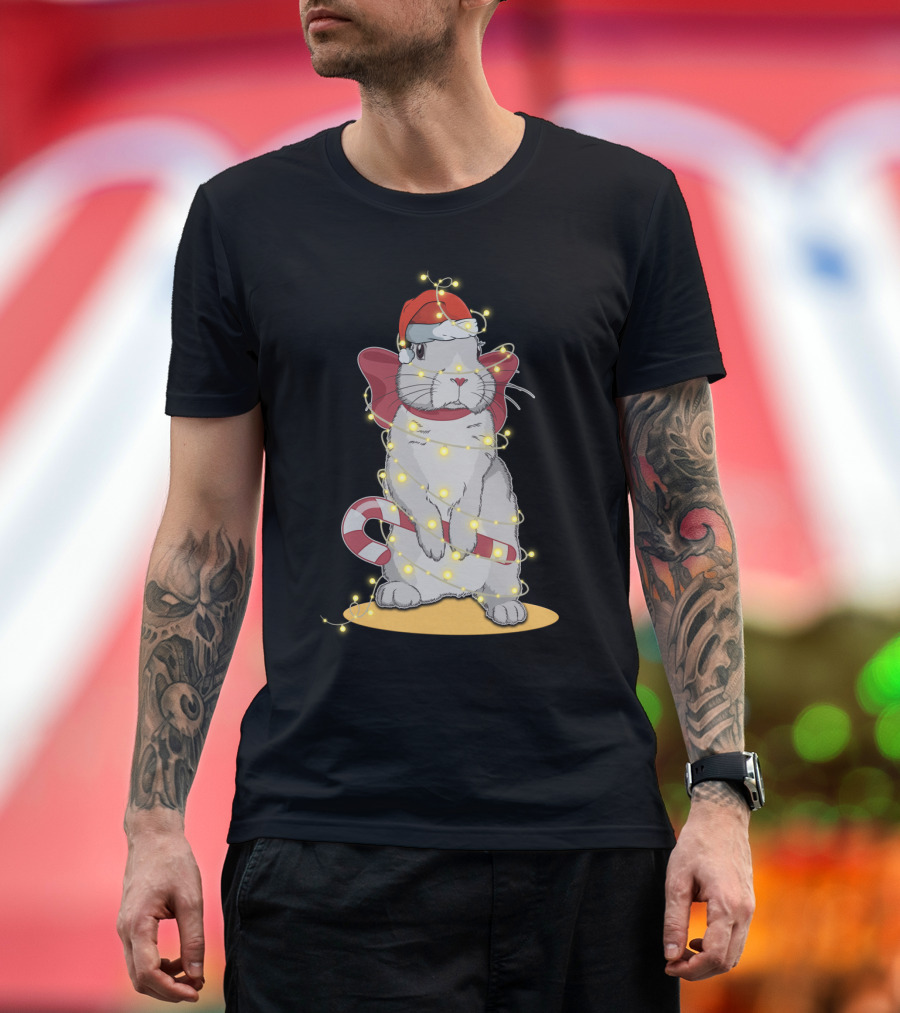 Christmas Lights Rabbit Santa Hat Candy Cane Festive T-Shirt