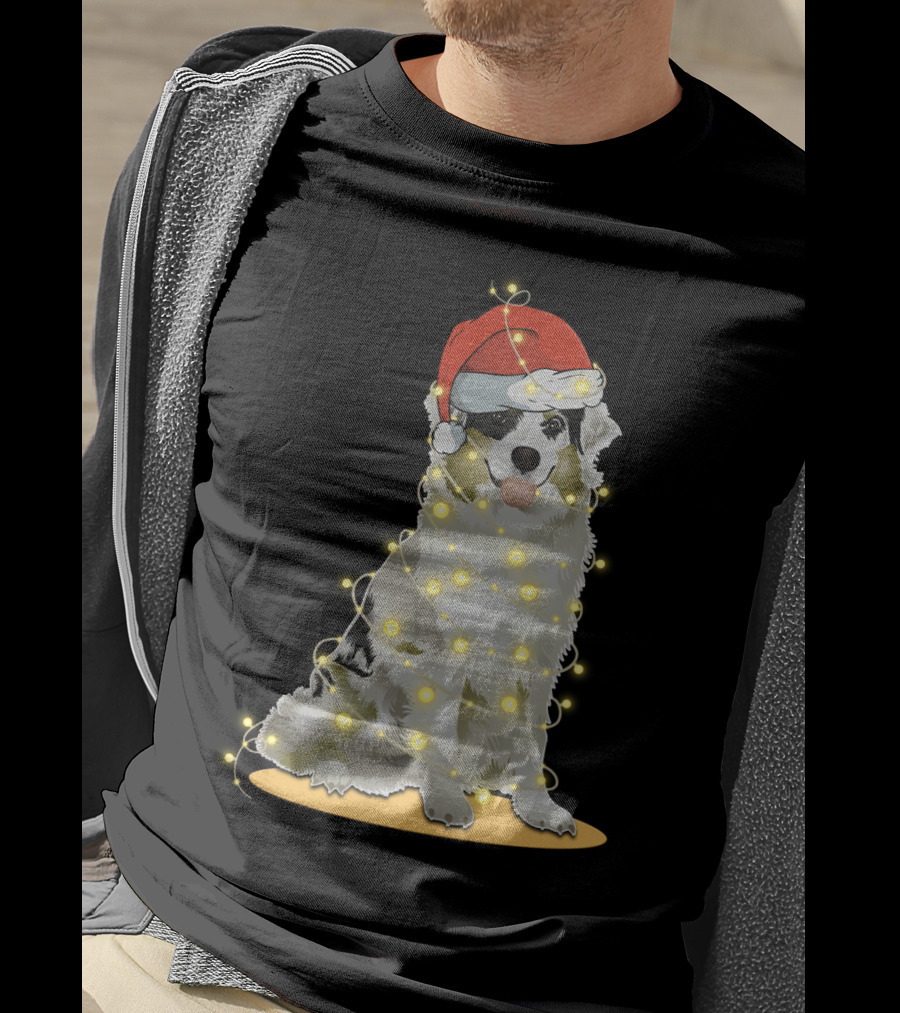Santa Hat Australian Shepherd Wrapped In Christmas Lights T-Shirt