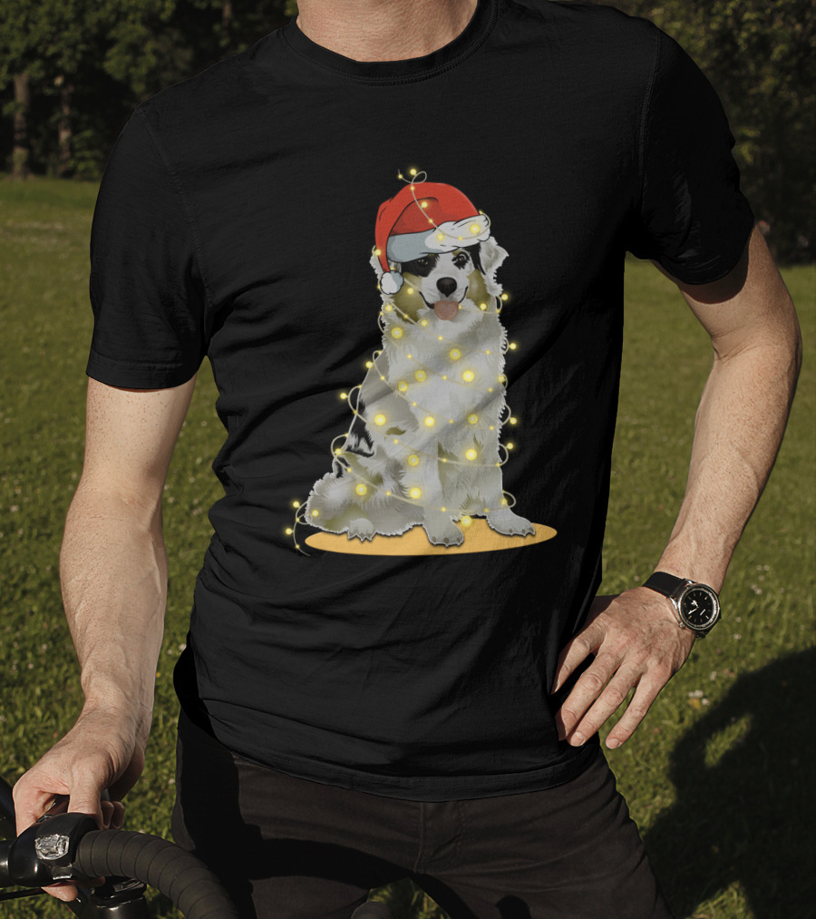 Santa Hat Australian Shepherd Wrapped In Christmas Lights T-Shirt