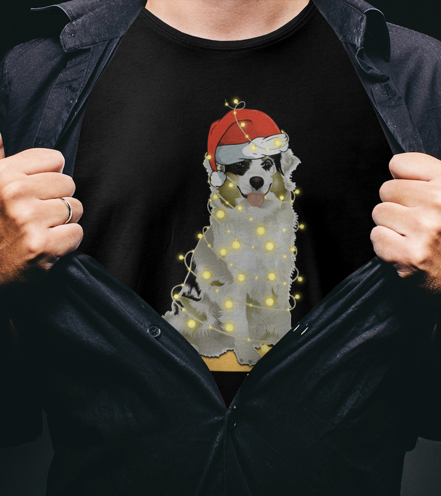 Santa Hat Australian Shepherd Wrapped In Christmas Lights T-Shirt