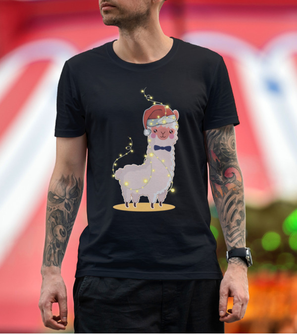 Premium T-Shirt: Alpaca Wrapped in Christmas Lights Wearing Santa Hat and Bow Tie T-Shirt Alpaca Wrapped in Christmas Lights Wearing Santa Hat and Bow Tie T-Shirt