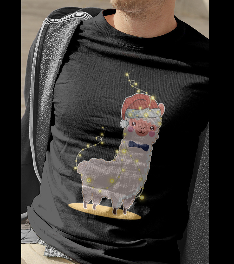 Alpaca Wrapped In Christmas Lights Wearing Santa Hat And Bow Tie T-Shirt