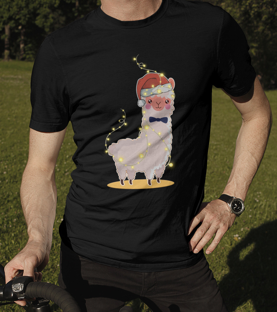 Alpaca Wrapped In Christmas Lights Wearing Santa Hat And Bow Tie T-Shirt