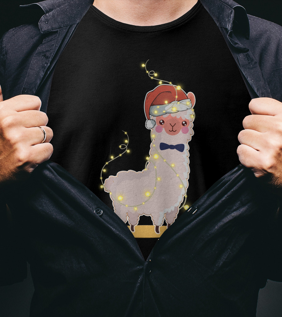 Alpaca Wrapped In Christmas Lights Wearing Santa Hat And Bow Tie T-Shirt