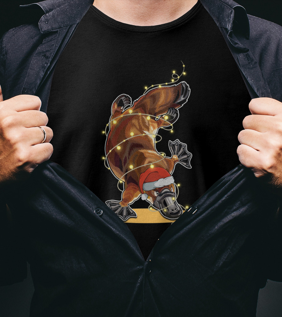 Christmas Lights Platypus Santa Hat Holiday Festive Decor T-Shirt