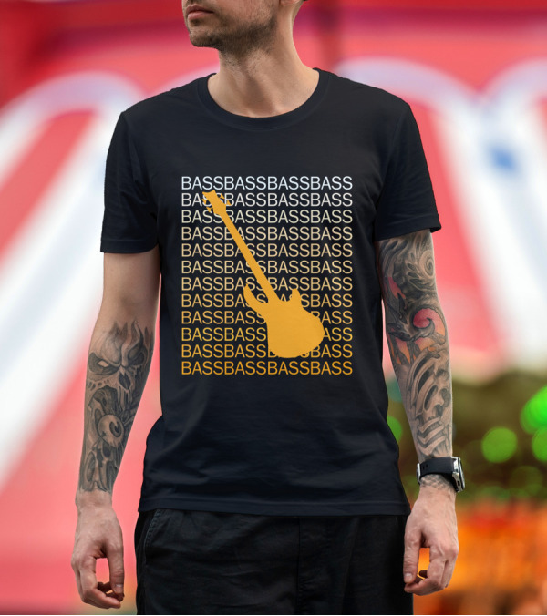 Premium T-Shirt: Bass Guitar Silhouette with Repeated Bass Text T-Shirt Bass Guitar Silhouette with Repeated Bass Text T-Shirt