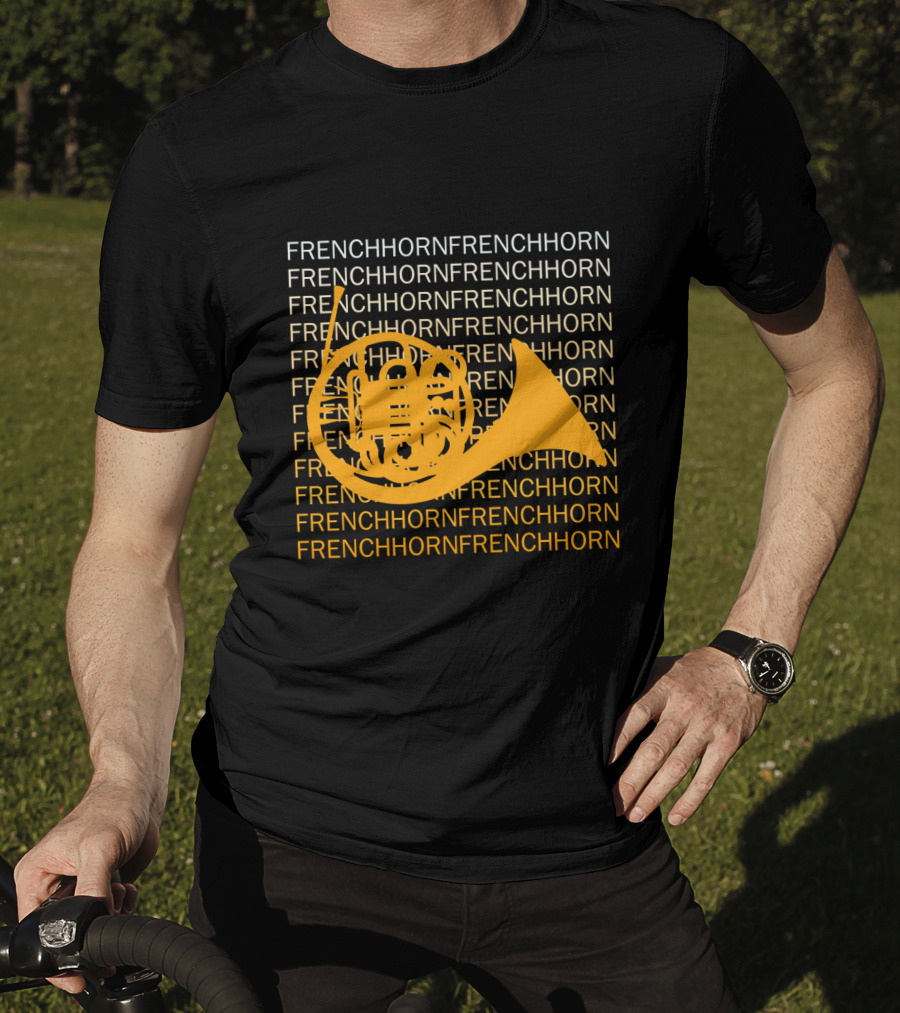 Repeating French Horn Text With Yellow Instrument T-Shirt