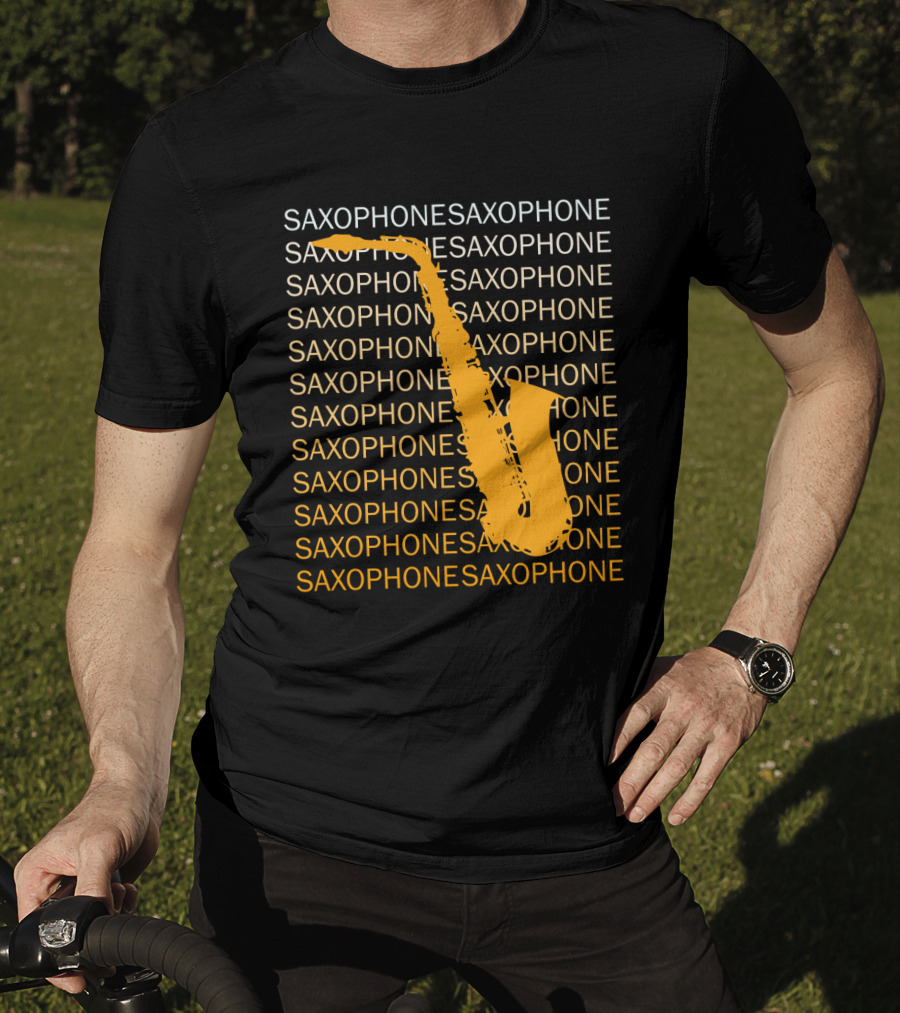 Saxophone Repeated Pattern With Bold Orange Saxophone Highlight T-Shirt