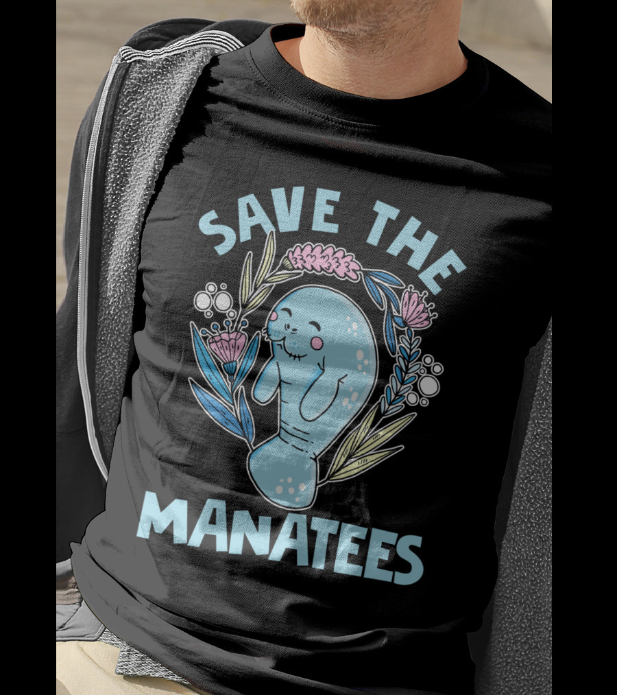 SAVE THE MANATEES Save The Manatees Manatee Surrounded By Flowers And Bubbles T-Shirt