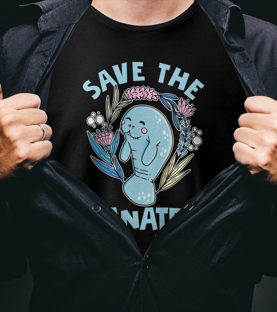 SAVE THE MANATEES Save The Manatees Manatee Surrounded By Flowers And Bubbles T-Shirt