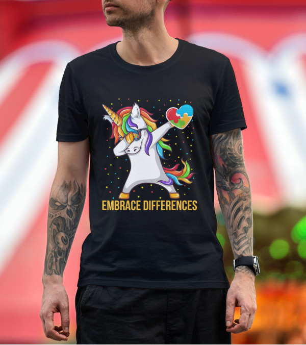 Embrace Differences Autism Awareness Dabbing Unicorn Heart Puzzle Piece T-Shirt